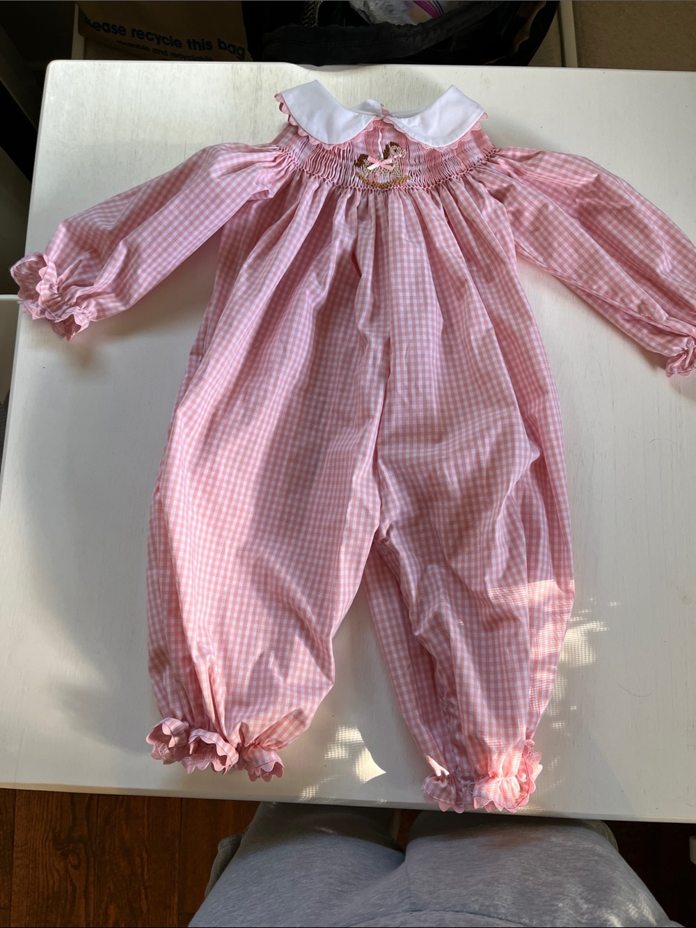 Pink Gingham Smocked One-Piece with Peter Pan Collar